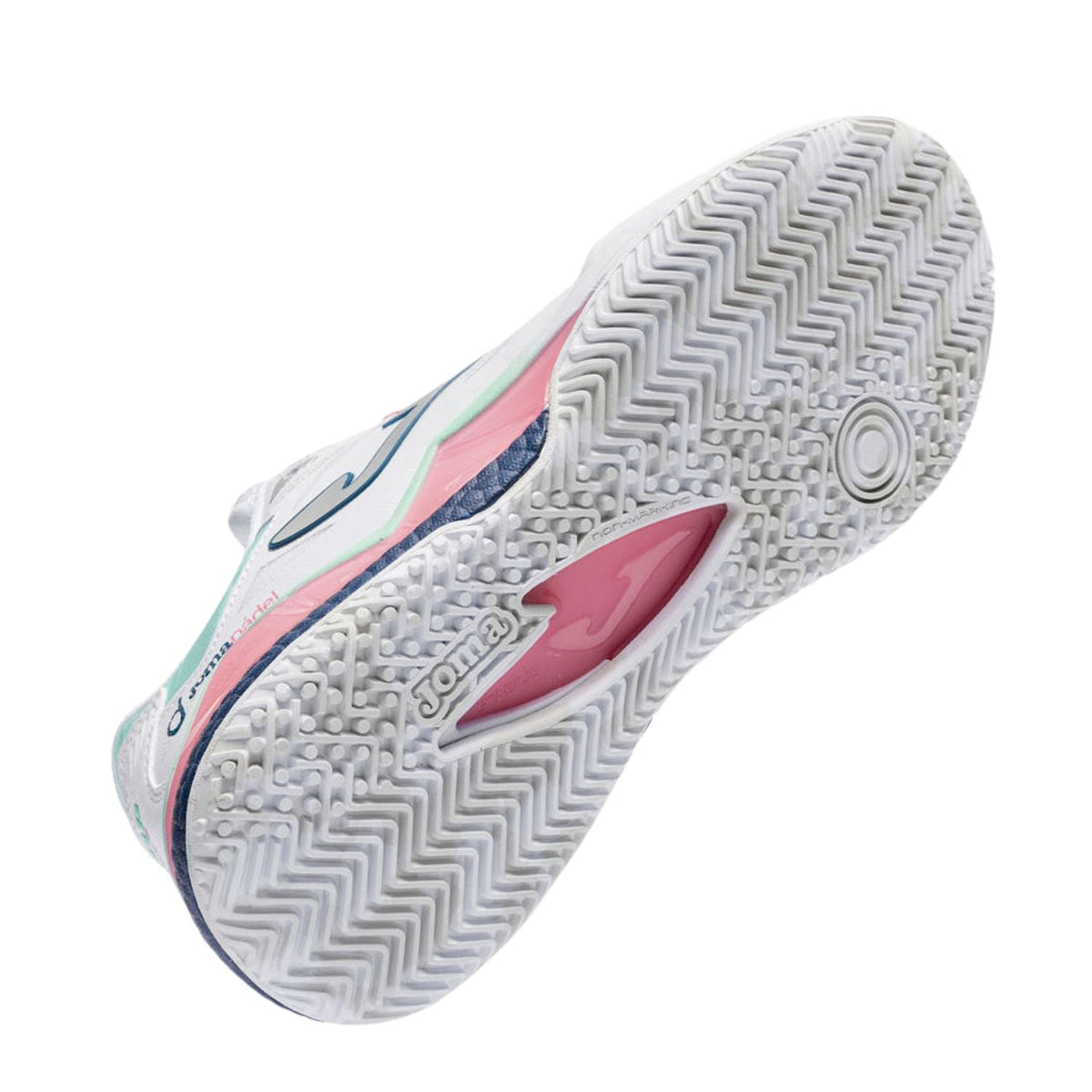 Witte Omni-buitenzool van de Joma Spin Lady 2026 White met koraalroze en mintgroen middenstuk
