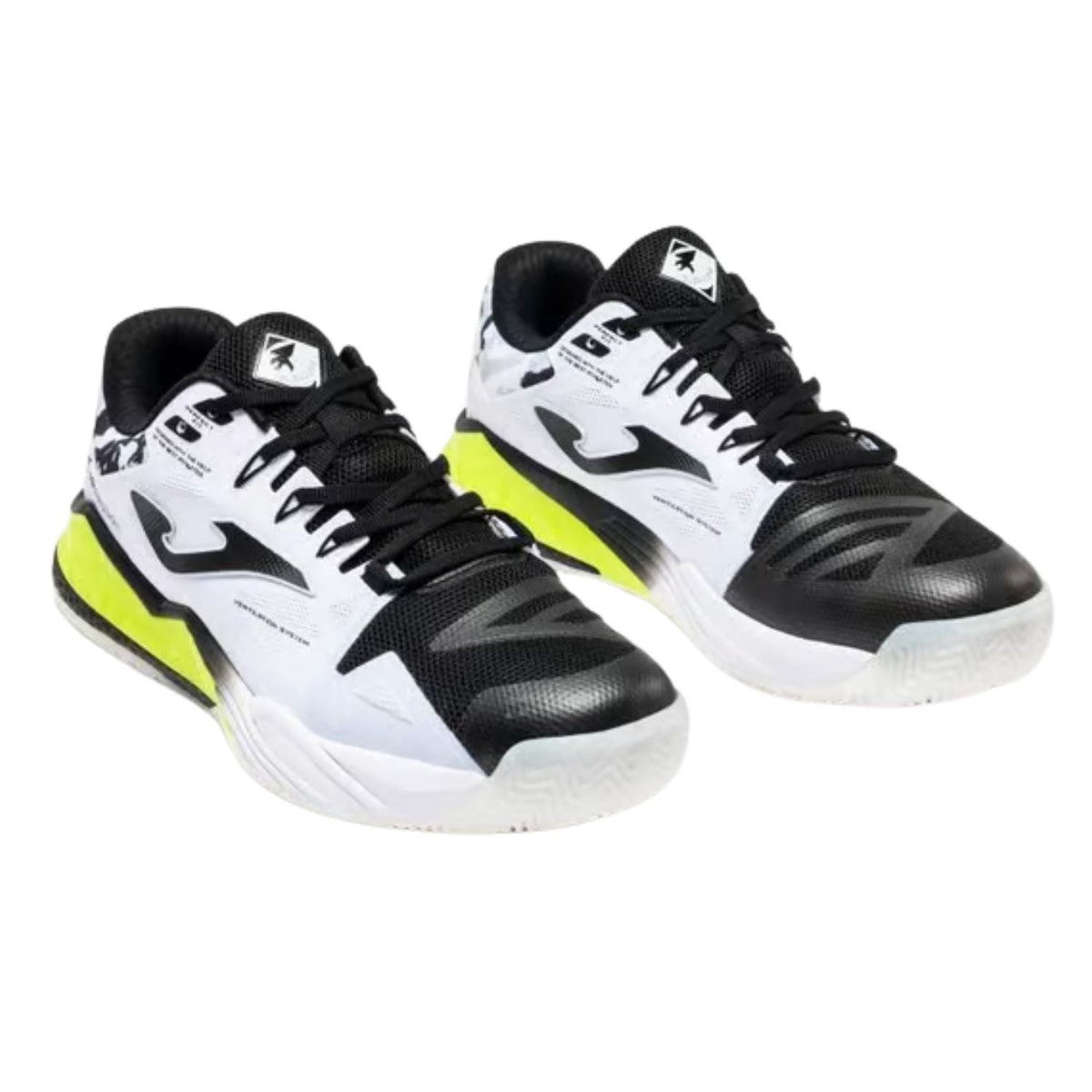 Paar Joma Spin Men 2026 Black padelschoenen in wit met zwarte hiel en neongele tussenzool