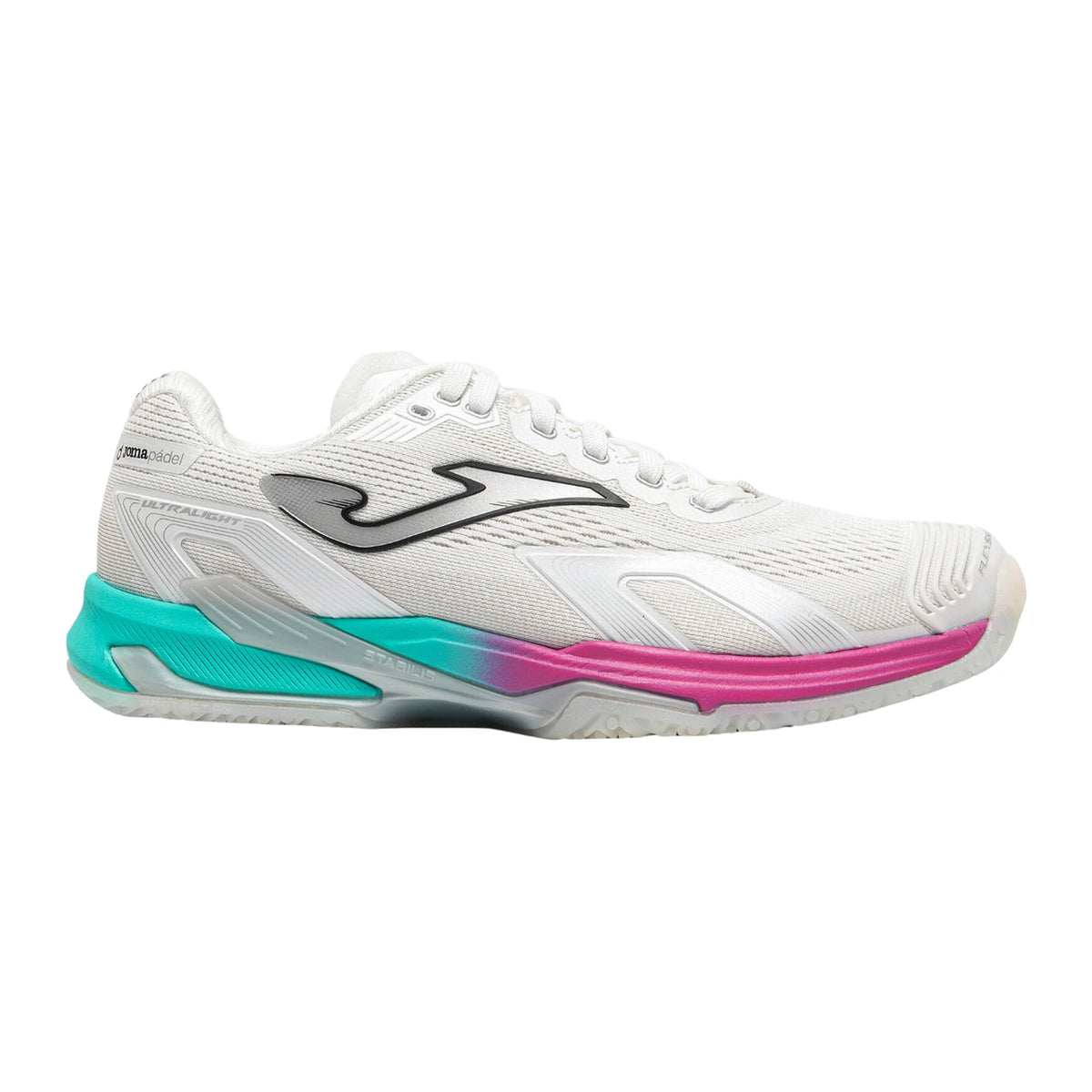 Joma Ultra Light Lady White padelschoen in wit met turquoise en roze tussenzool, zijaanzicht buitenkant