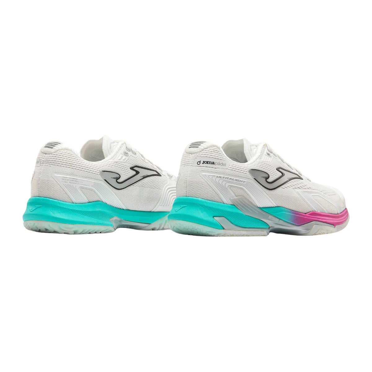 Achteraanzicht van de Joma Ultra Light Lady White padelschoenen met turquoise tussenzool