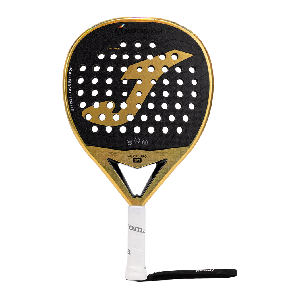 Joma Valkiria Pro Sft 2026 padelracket in goud met zwart, vooraanzicht met witte grip