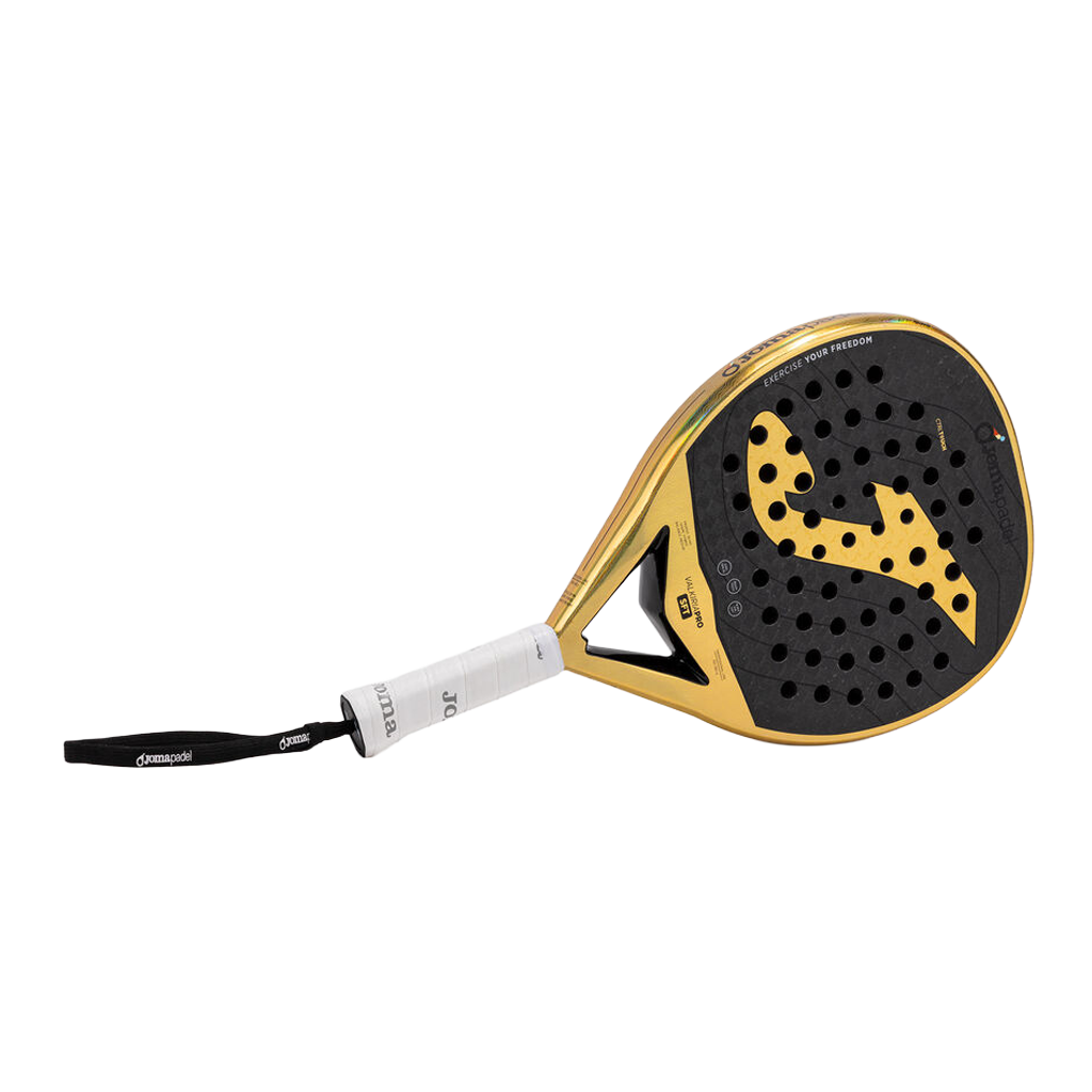Joma Valkiria Pro Sft 2026 padelracket schuin liggend in goud met zwart slagvlak