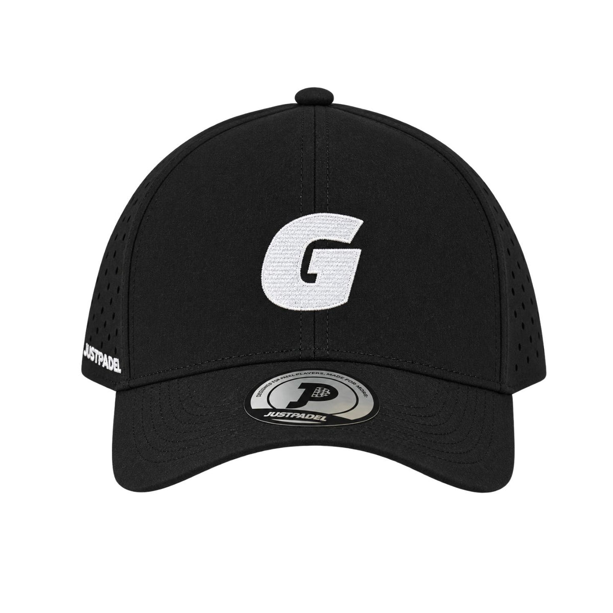 Zwarte Justpadel x Garrincha padelpet met groot wit G-logo op de voorzijde
