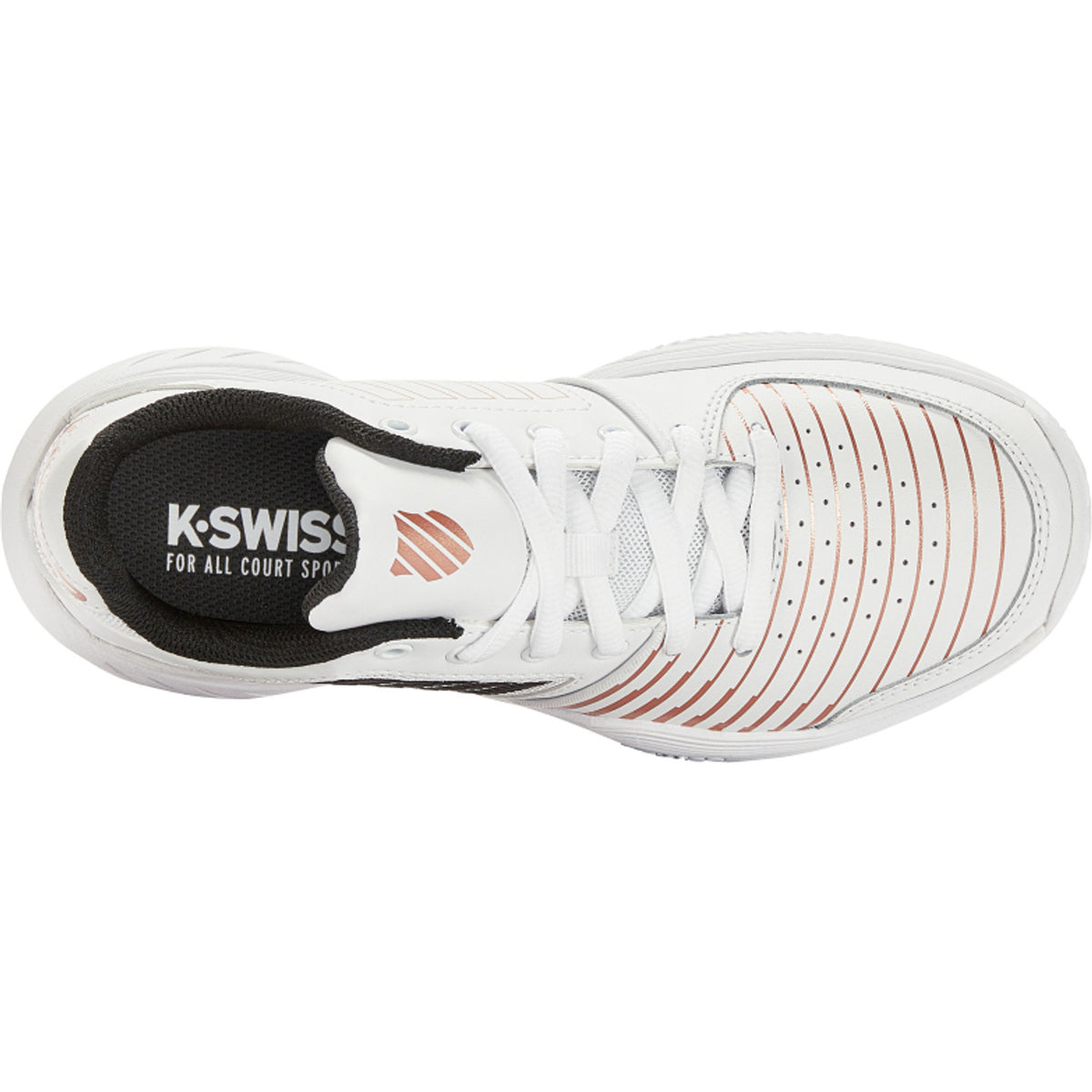 Bovenaanzicht van de K-Swiss Court Express HB met oranje strepen en witte veters