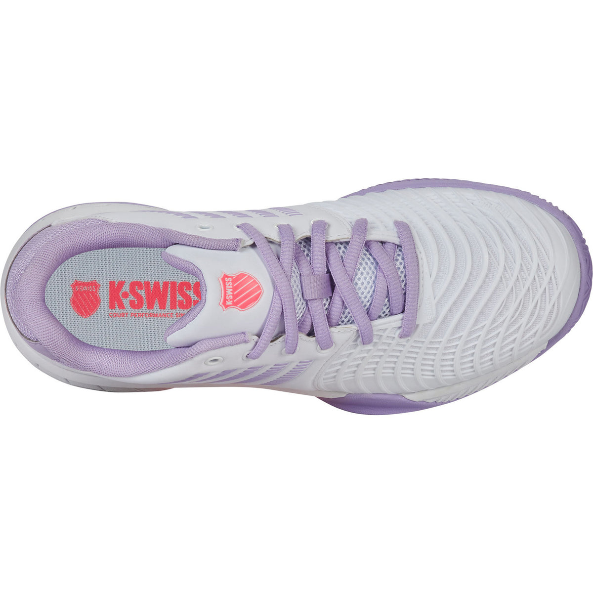 Bovenaanzicht van de witte K-Swiss Express Light 3 Clay W met lila veters