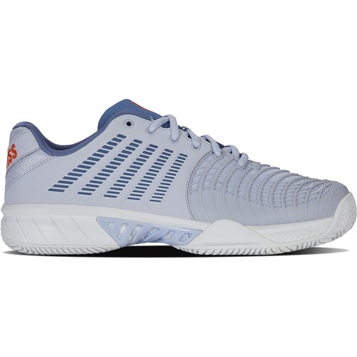 K-Swiss Express Light 3 in lichtgrijs met blauw en oranje, zijaanzicht buitenkant