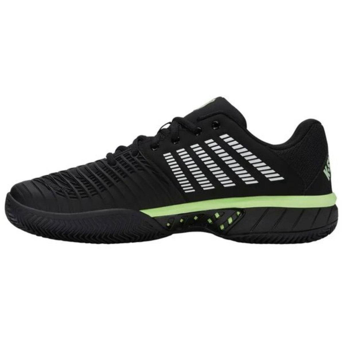 Binnenzijde van de zwarte K-Swiss Express Light 3 met limegroene zoolrand