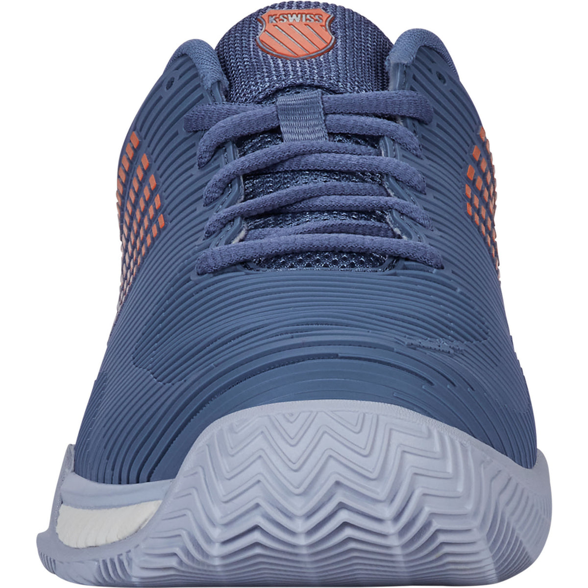 Vooraanzicht van de blauwgrijze K-Swiss Hypercourt Express 2 Clay met oranje veters