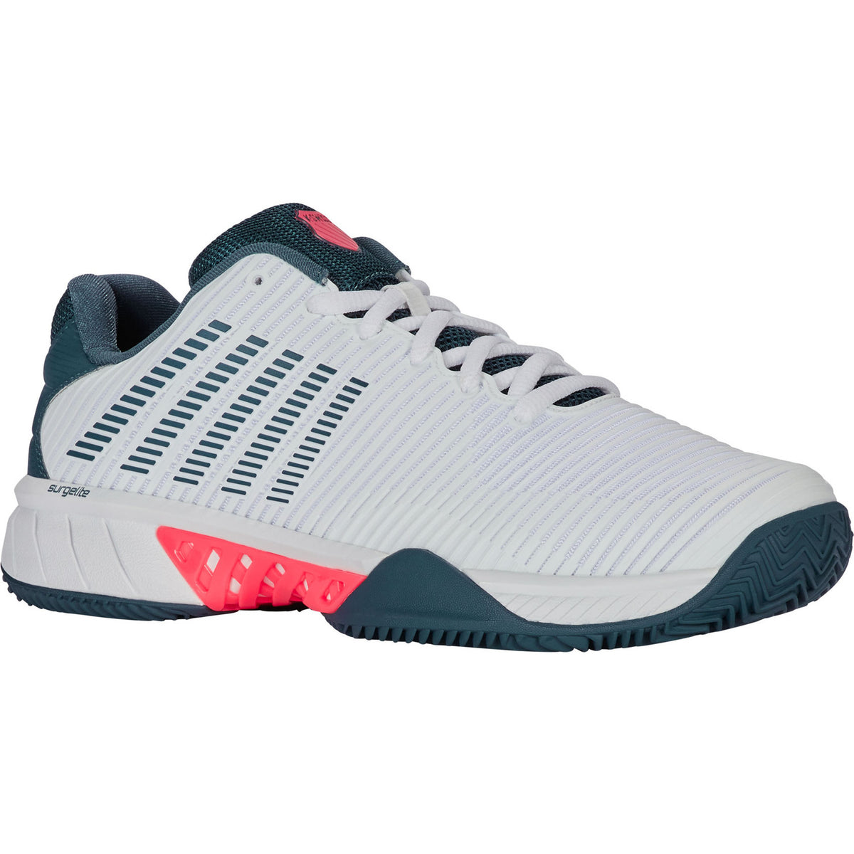 Schuin zijaanzicht van de witte K-Swiss Hypercourt Express 2 Clay met koraalrood