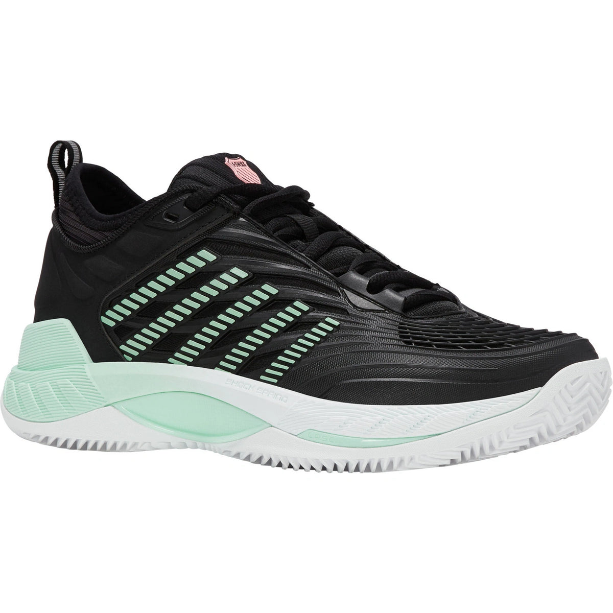 Schuin zijaanzicht van de zwarte K-Swiss Hypercourt Supreme 2 Clay met mintgroen