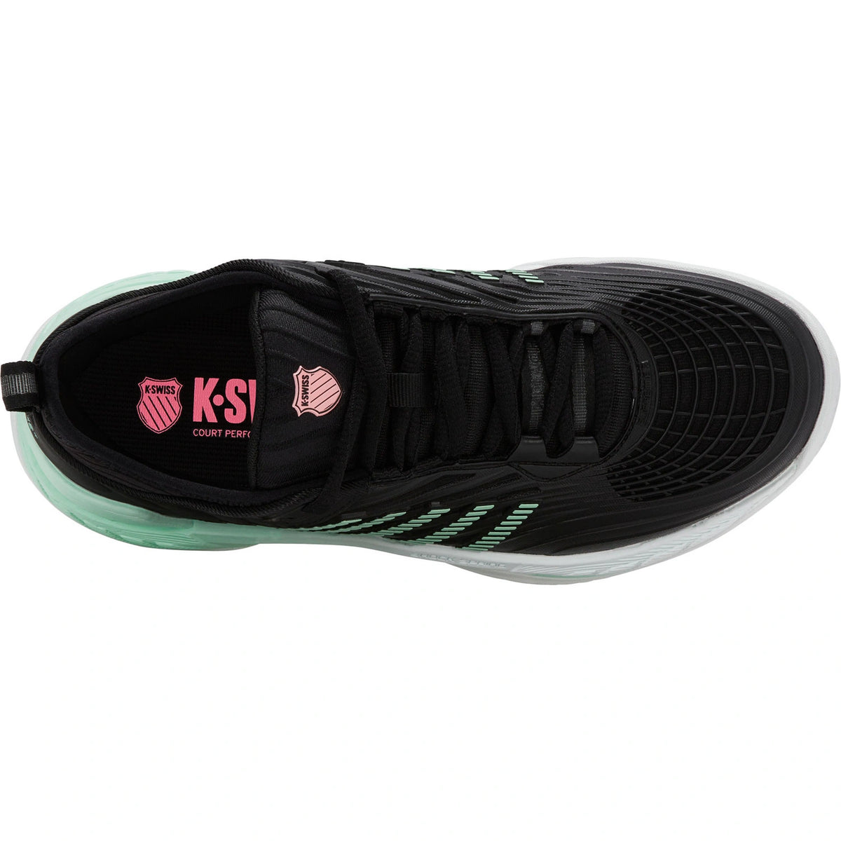 Bovenaanzicht van de zwarte K-Swiss Hypercourt Supreme 2 Clay met roze logo