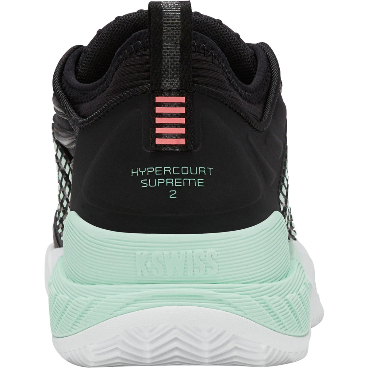 Achteraanzicht van de zwarte K-Swiss Hypercourt Supreme 2 Clay met roze strepen