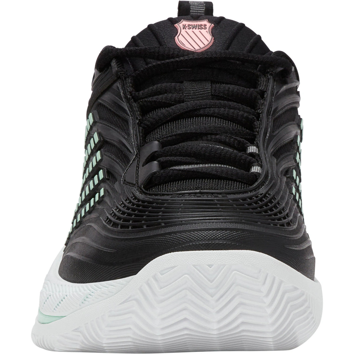 Vooraanzicht van de zwarte K-Swiss Hypercourt Supreme 2 Clay met roze logo