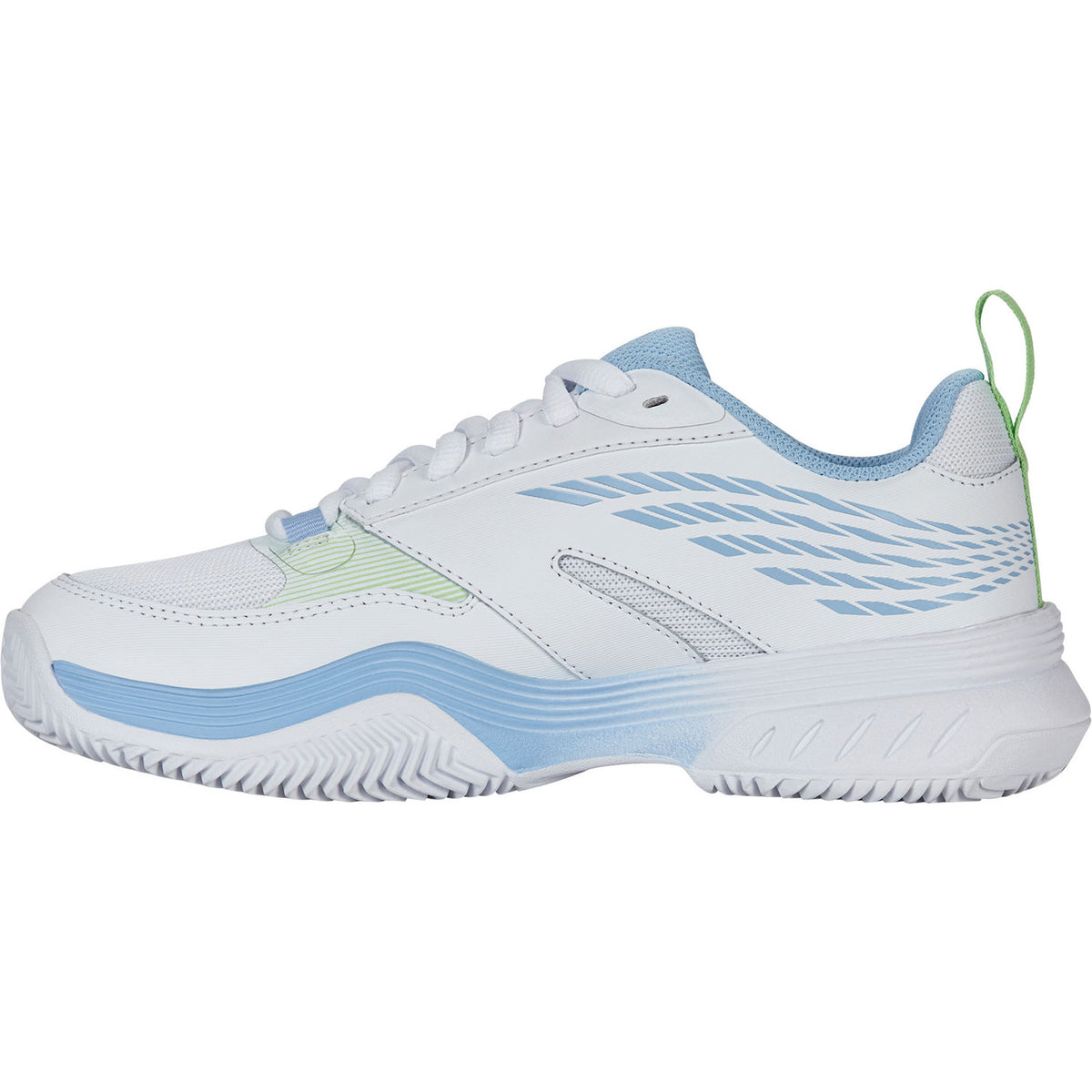 Schuin zijaanzicht van de witte K-Swiss Speedex Clay W met groene hiellus
