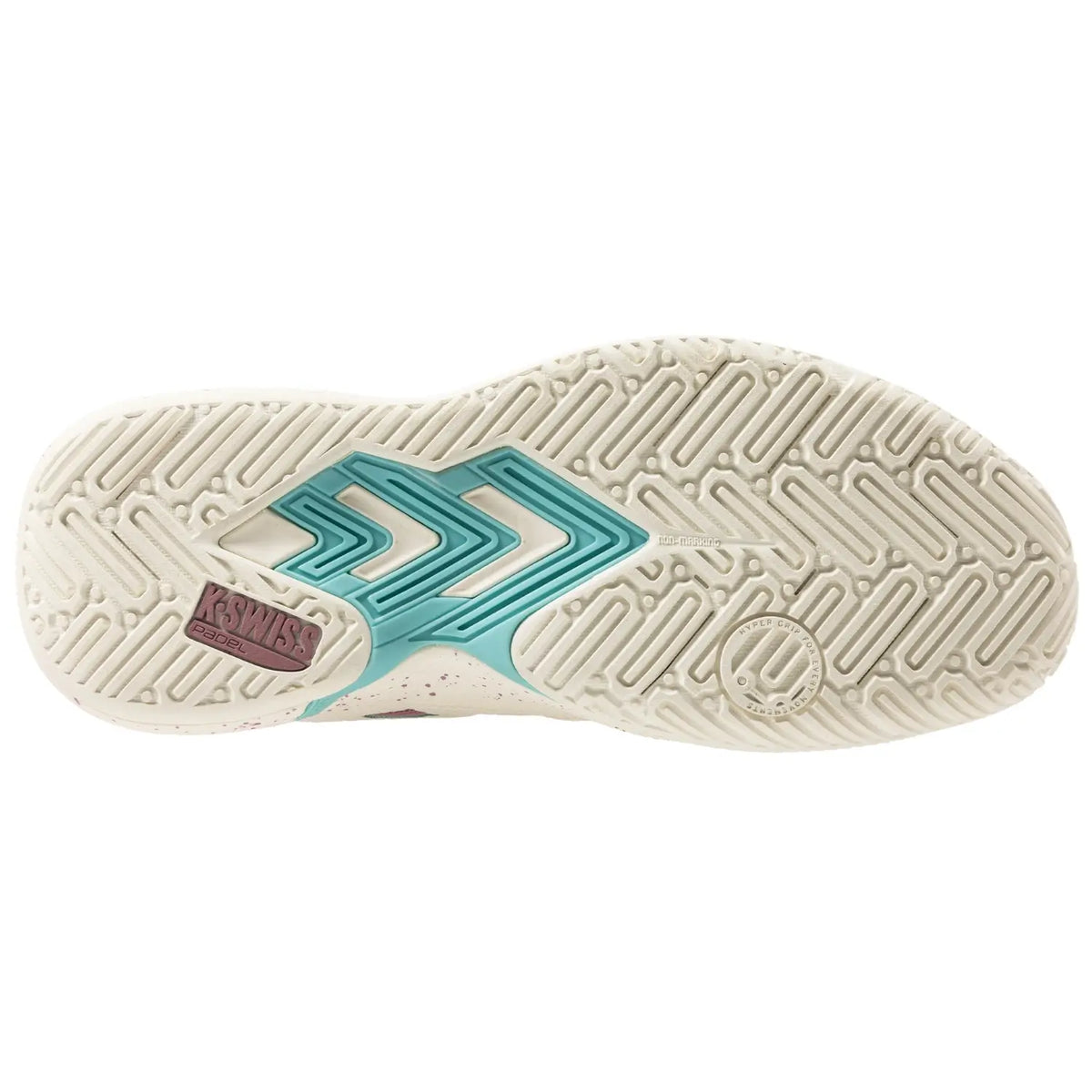 Cremekleurige zool van de K-Swiss Tura Team W met turquoise middenstuk
