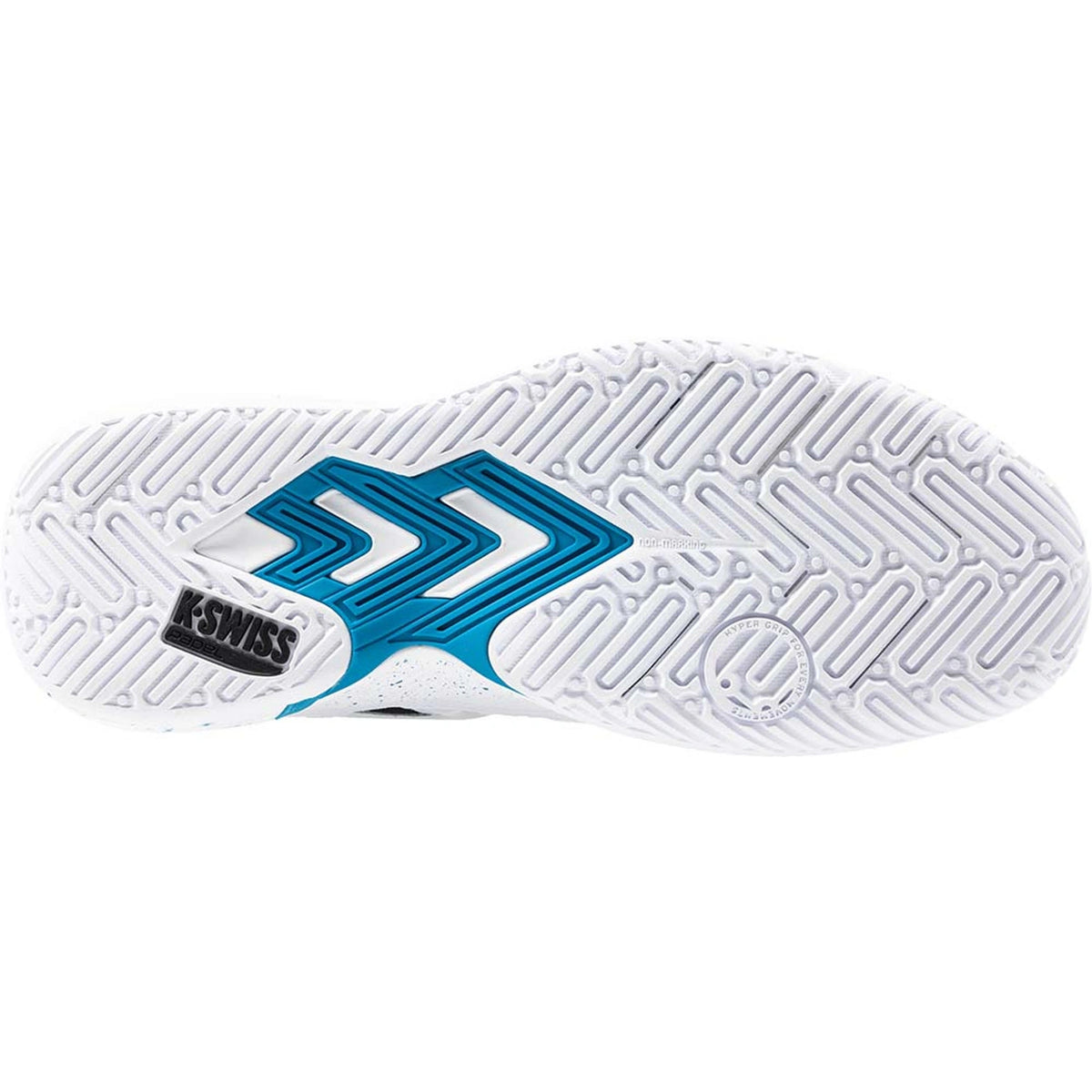 Witte zool van de K-Swiss Tura Team met blauw middenstuk en fijn profiel