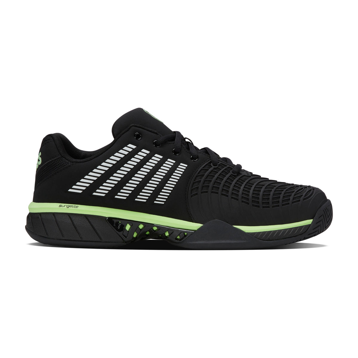 K-Swiss Express Light 3 Clay Black/Soft Neon Green, zijaanzicht buitenkant met limegroene zoolrand