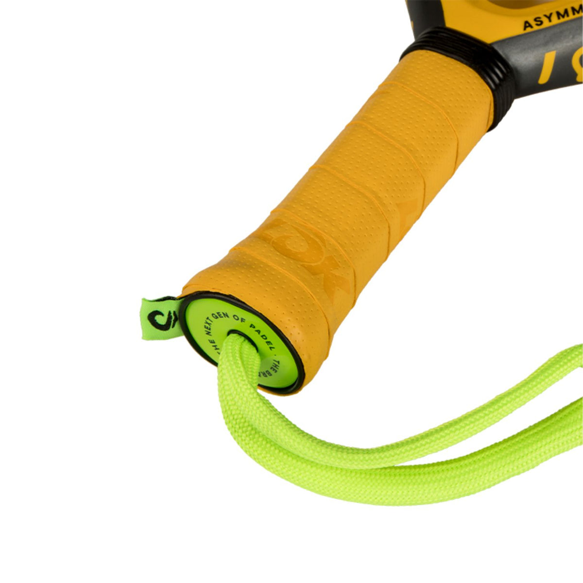 Close-up van de gele grip en limegroene polsband van het Lok Be Flow 2