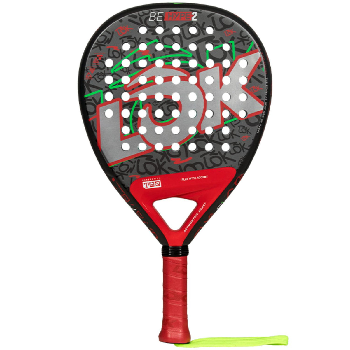 Lok Be Hype 2 padelracket in zwart met rood en grijs, vooraanzicht met polsband