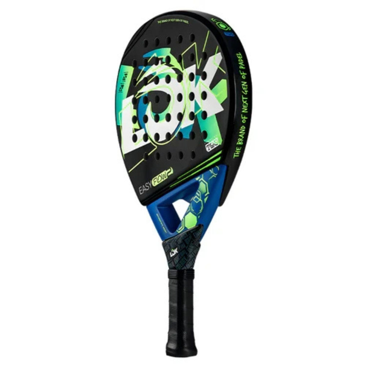 Lok Easy Flow 2 padelracket schuin vooraanzicht, ronde vorm in blauw en groen