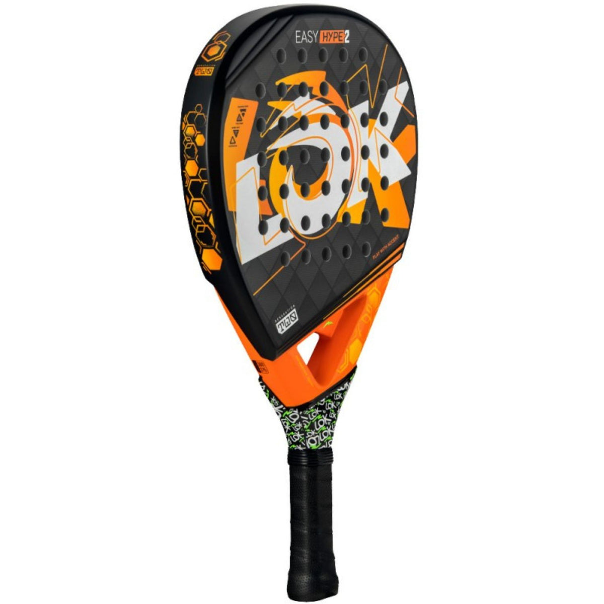 Lok Easy Hype 2 padelracket schuin vooraanzicht, diamantvorm in zwart en oranje