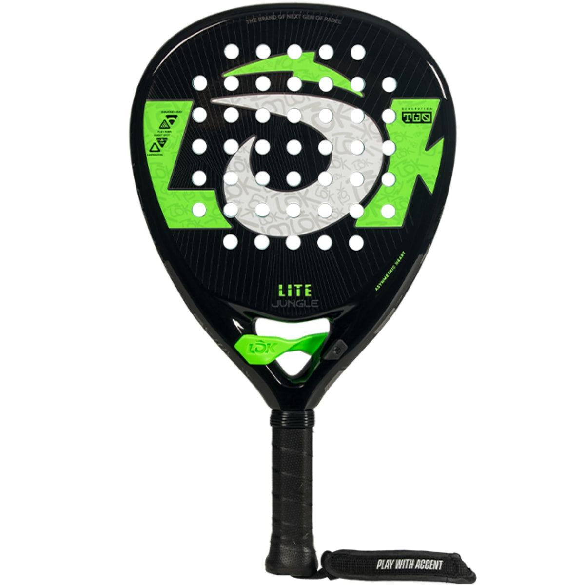 Lok Jungle Lite padelracket in zwart met felgroene accenten en witte print, vooraanzicht