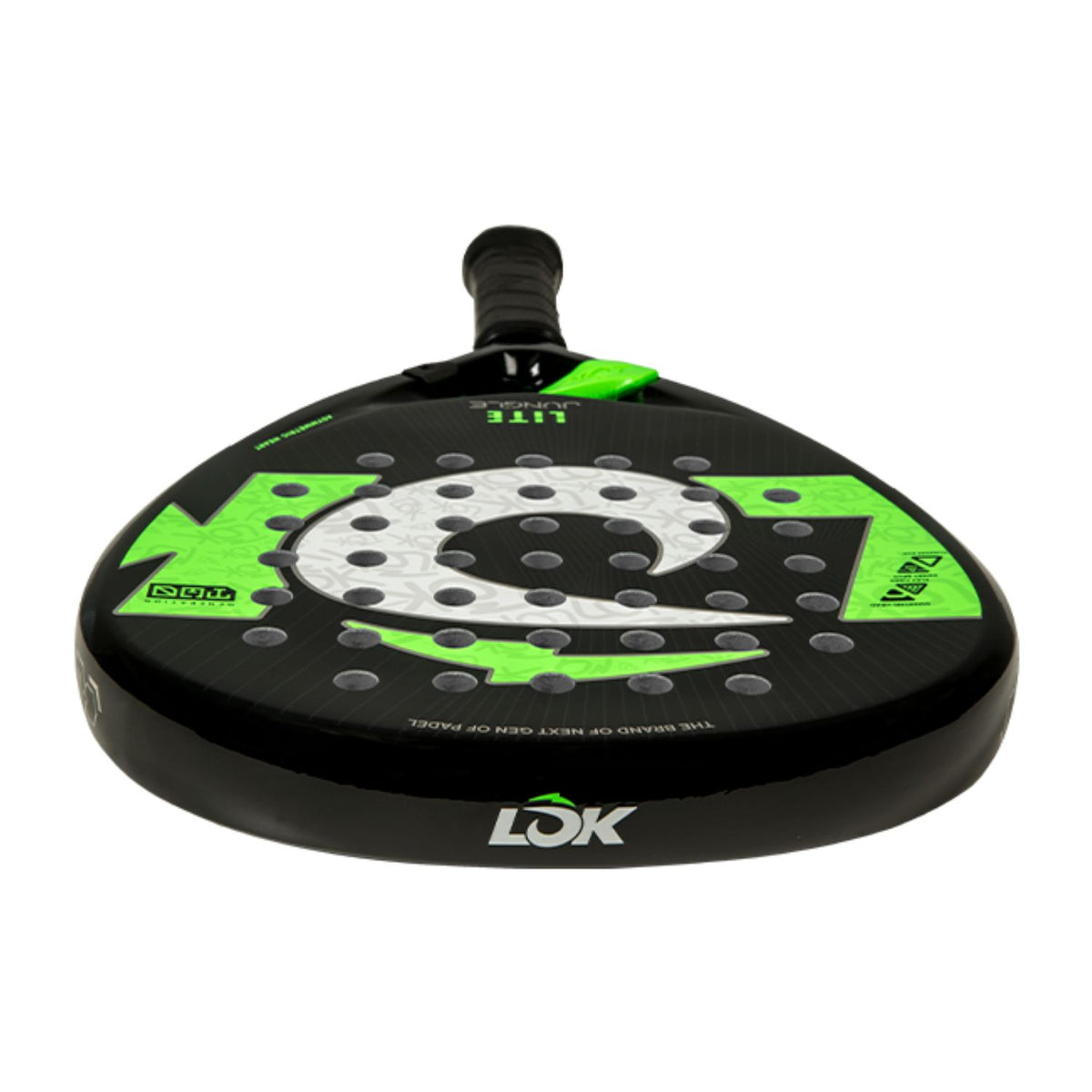 Bovenaanzicht van het Lok Jungle Lite padelracket met wit LOK-logo op de framerand