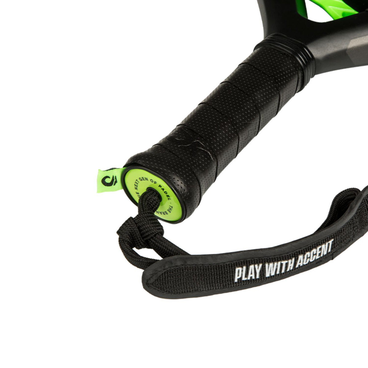Close-up van de zwarte grip en groene polsband van het Lok Jungle Lite padelracket