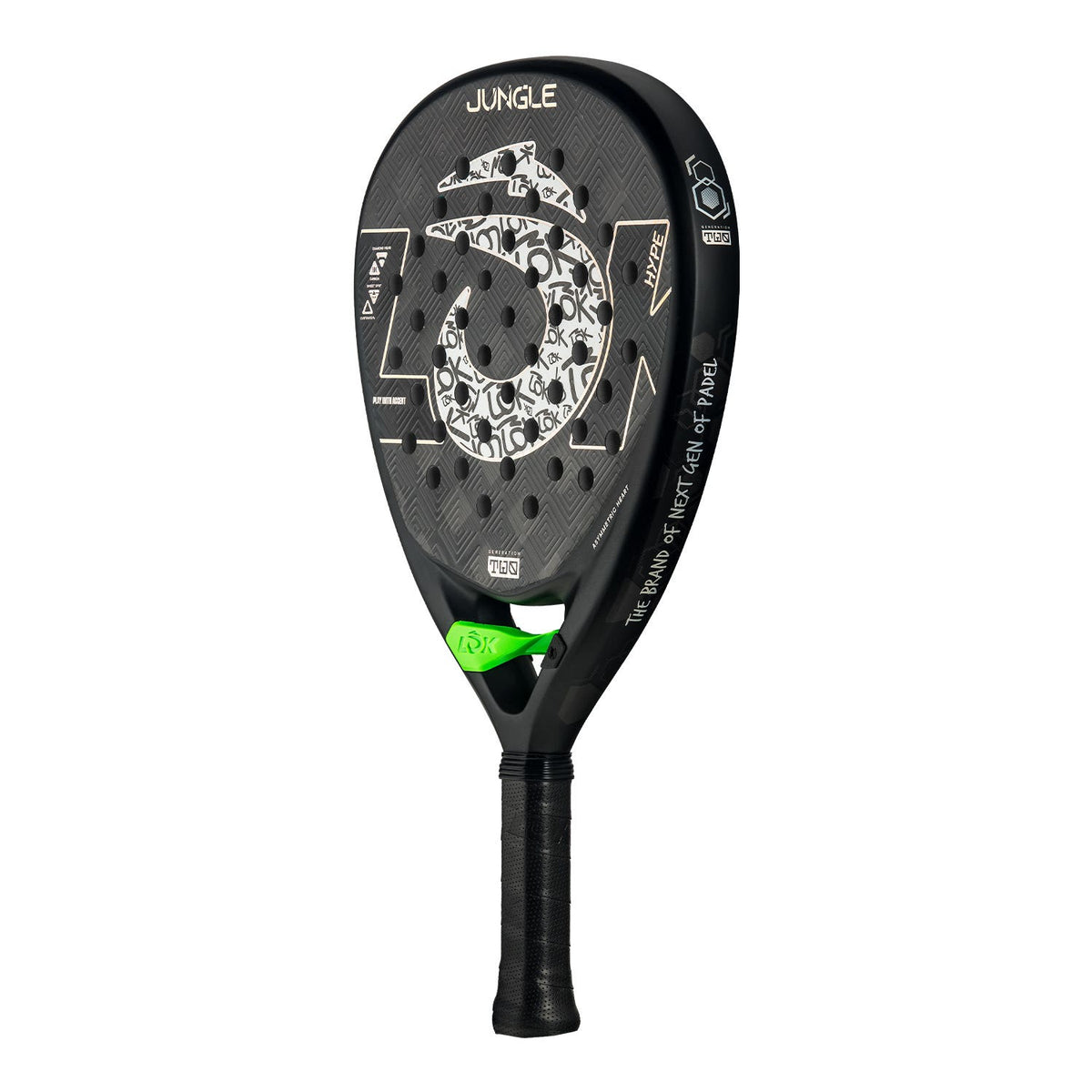 Lok Jungle padelracket schuin vooraanzicht, diamantvorm in zwart met witte print