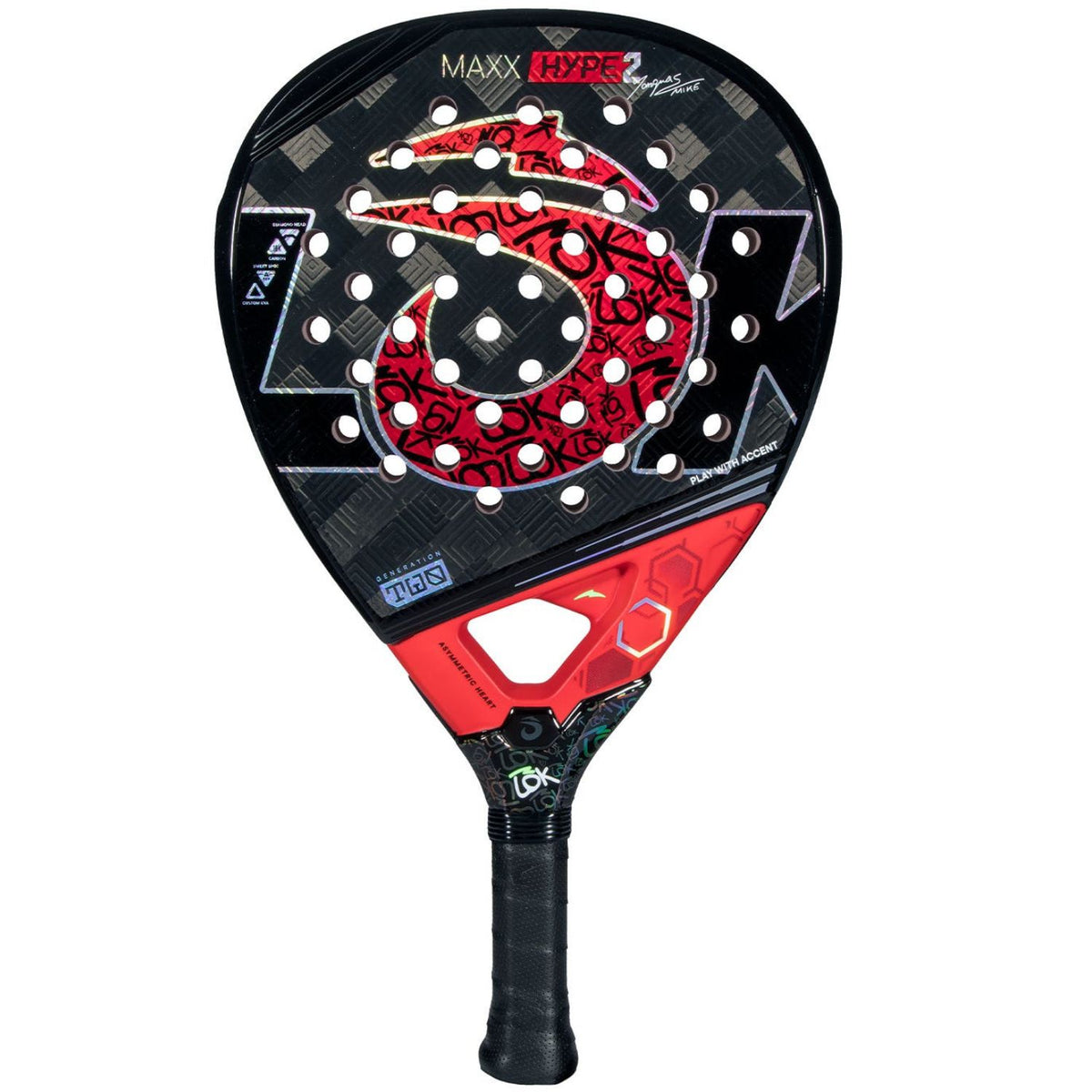 Lok Maxx Hype 2 padelracket in zwart met rode wervelprint, vooraanzicht
