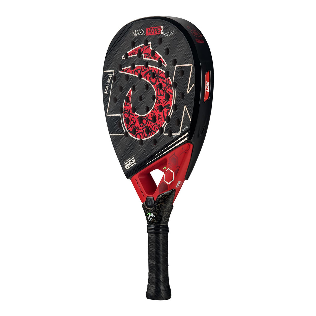 Lok Maxx Hype 2 padelracket schuin vooraanzicht, diamantvorm in zwart met rood