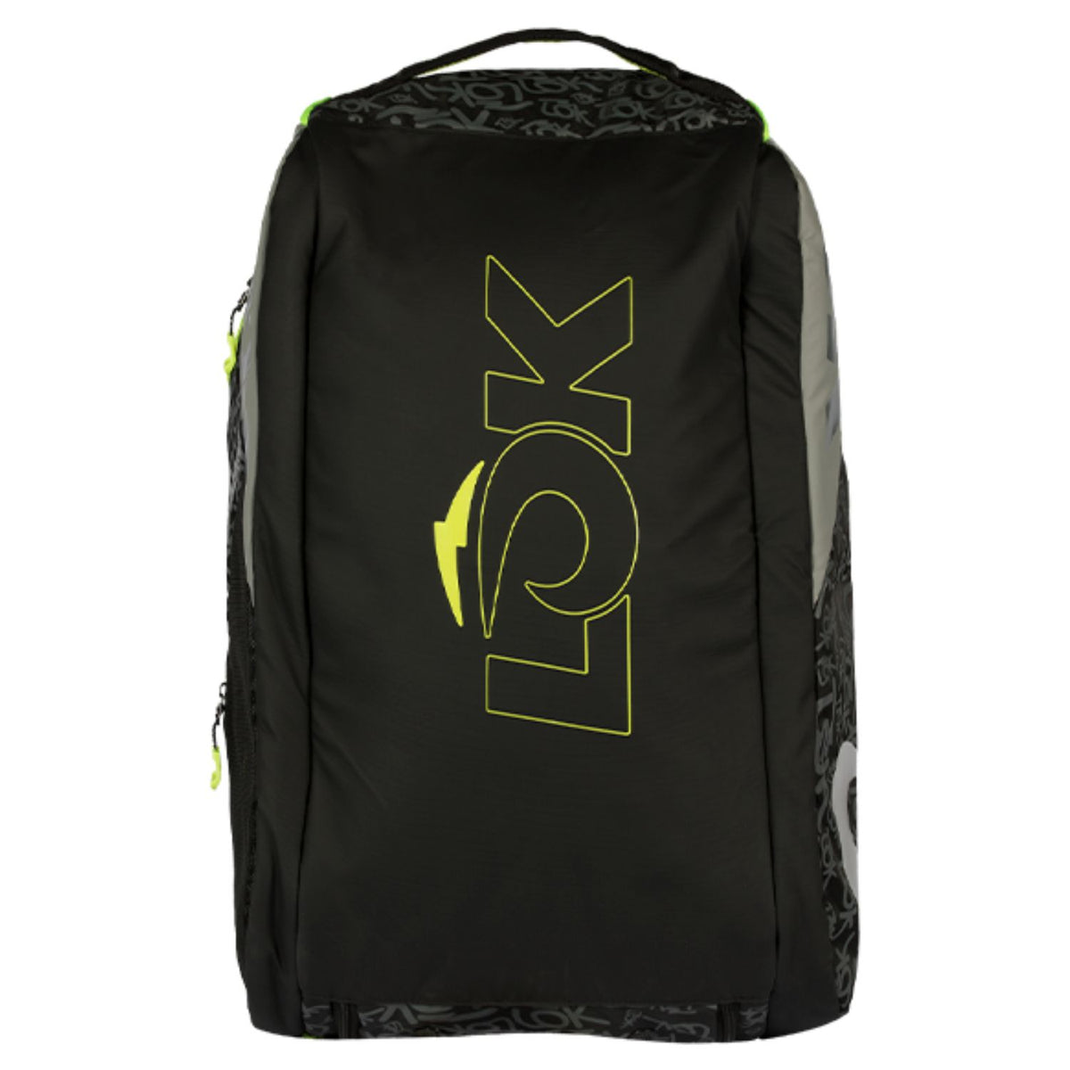 Rechtopstaande zwarte Lok Maxx 2 racketbag met groot limegroen Lok-logo op de voorzijde