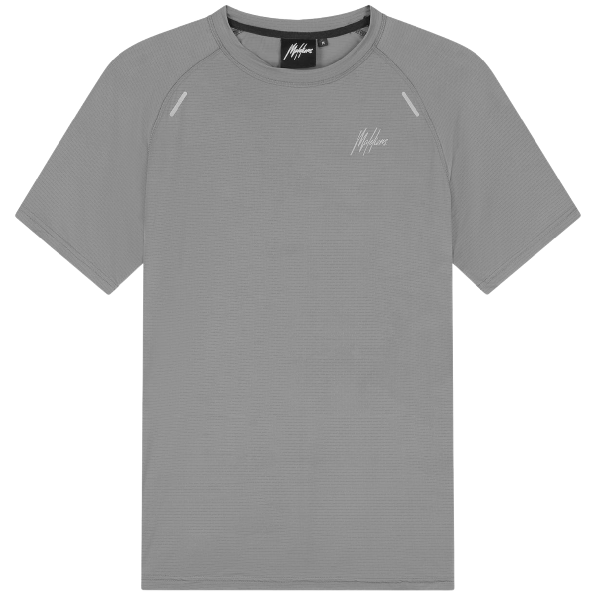 Vooraanzicht van het grijze Malelions Padel Vortex T-Shirt met wit logo op de borst