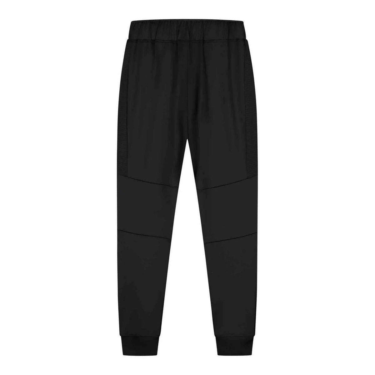 Achterkant van de zwarte Malelions Sport Ace Trackpants met naden op de knie en boord