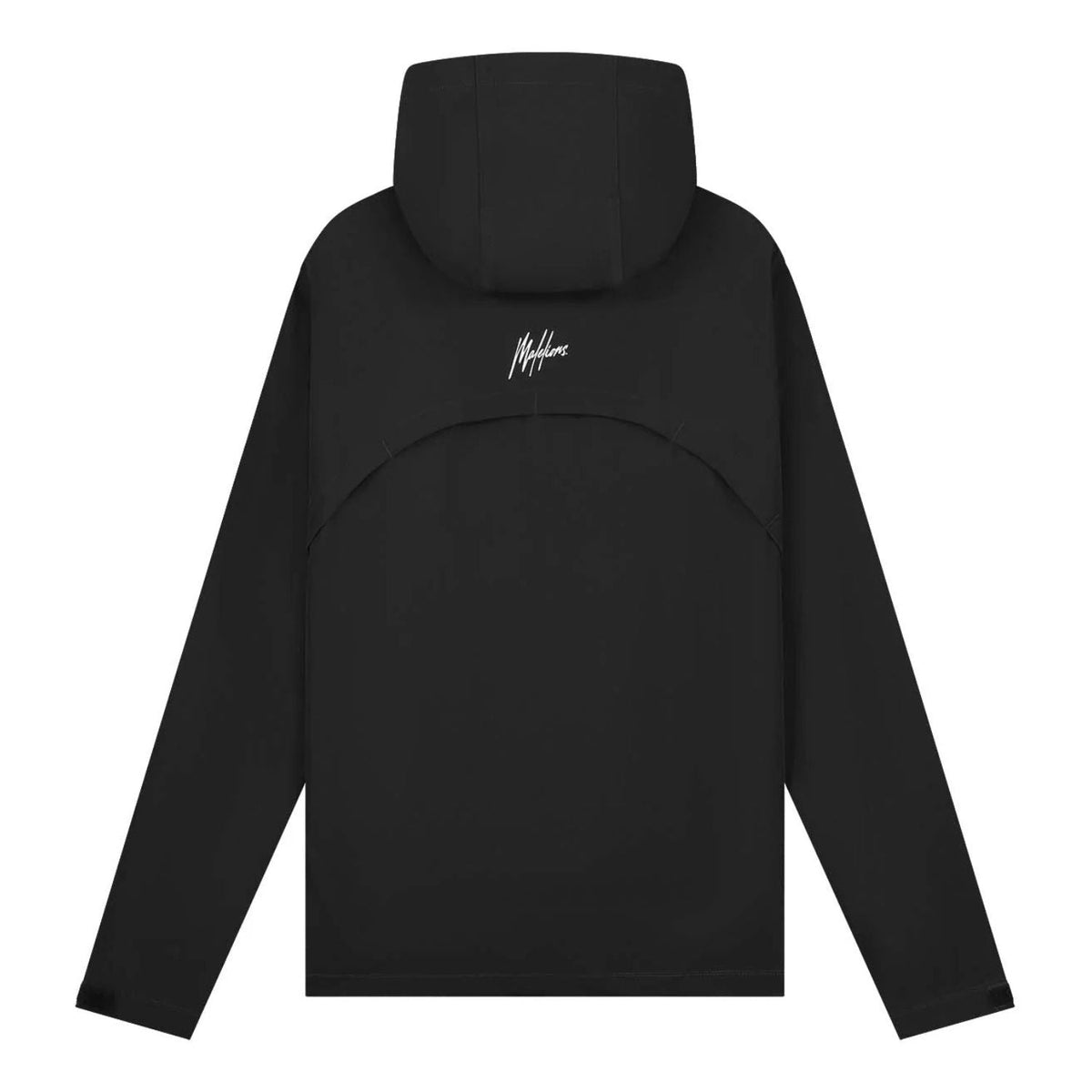 Achterzijde van de zwarte Malelions Sport Running Jacket met capuchon en gebogen naad