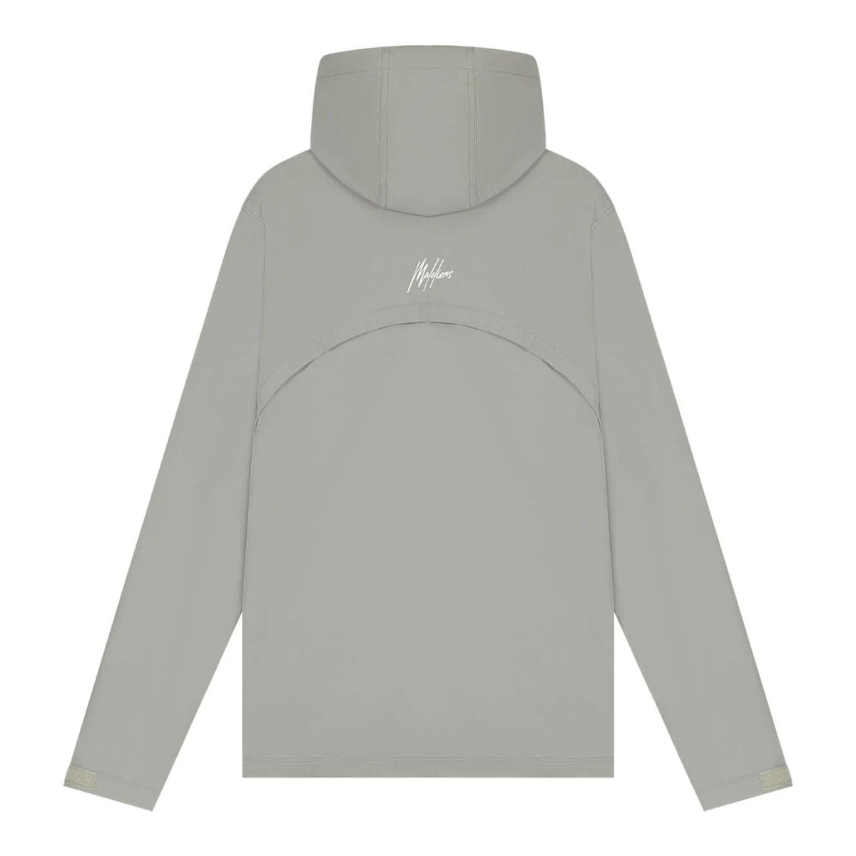 Achterzijde van het lichtgrijze Malelions Sport running jack met capuchon