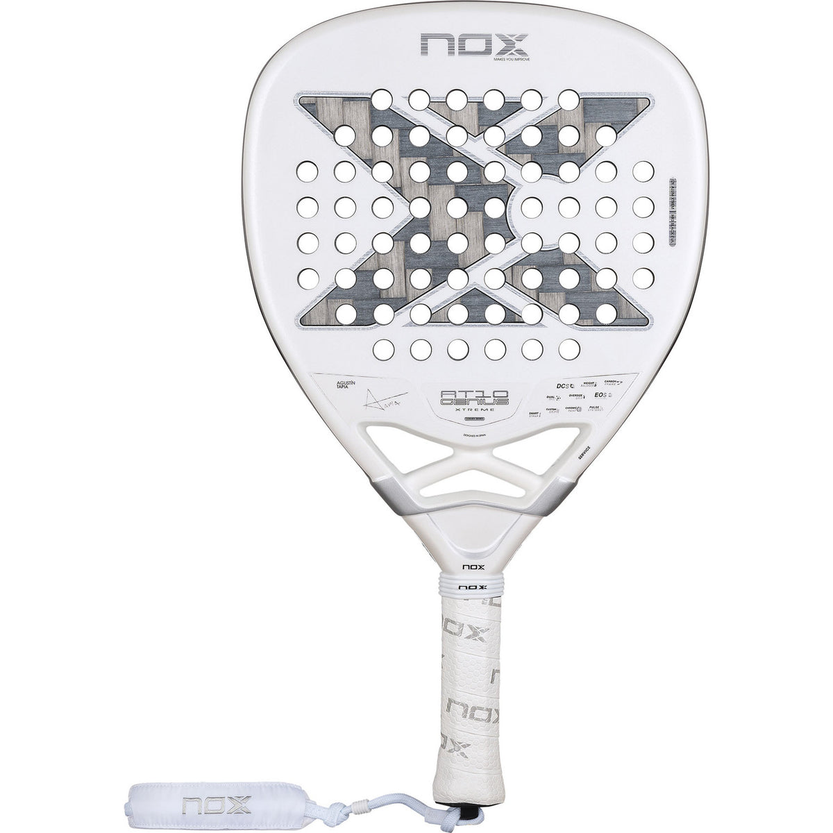 NOX At10 Genius Attack 12K Xtrem 2026 padelracket in wit met grijs, vooraanzicht