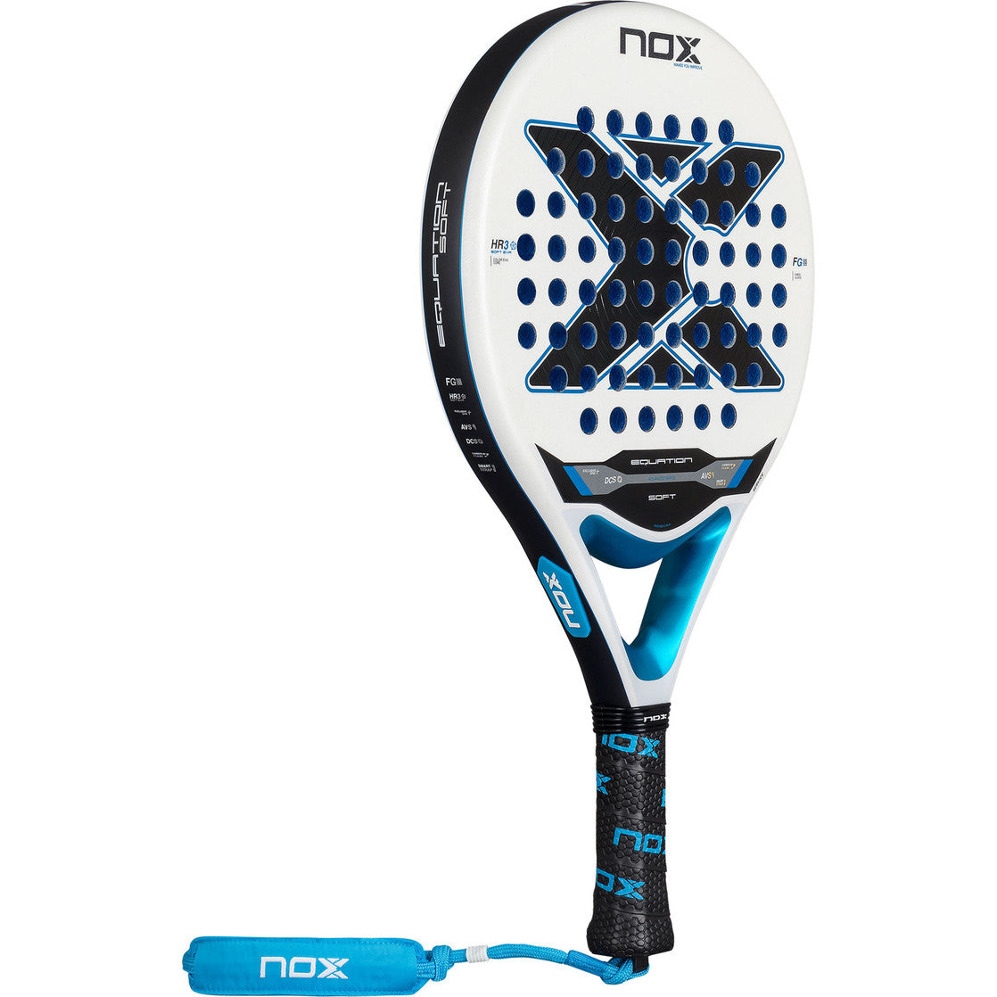 NOX Equation Soft Advanced 2026 schuin vooraanzicht, ronde vorm in wit en blauw