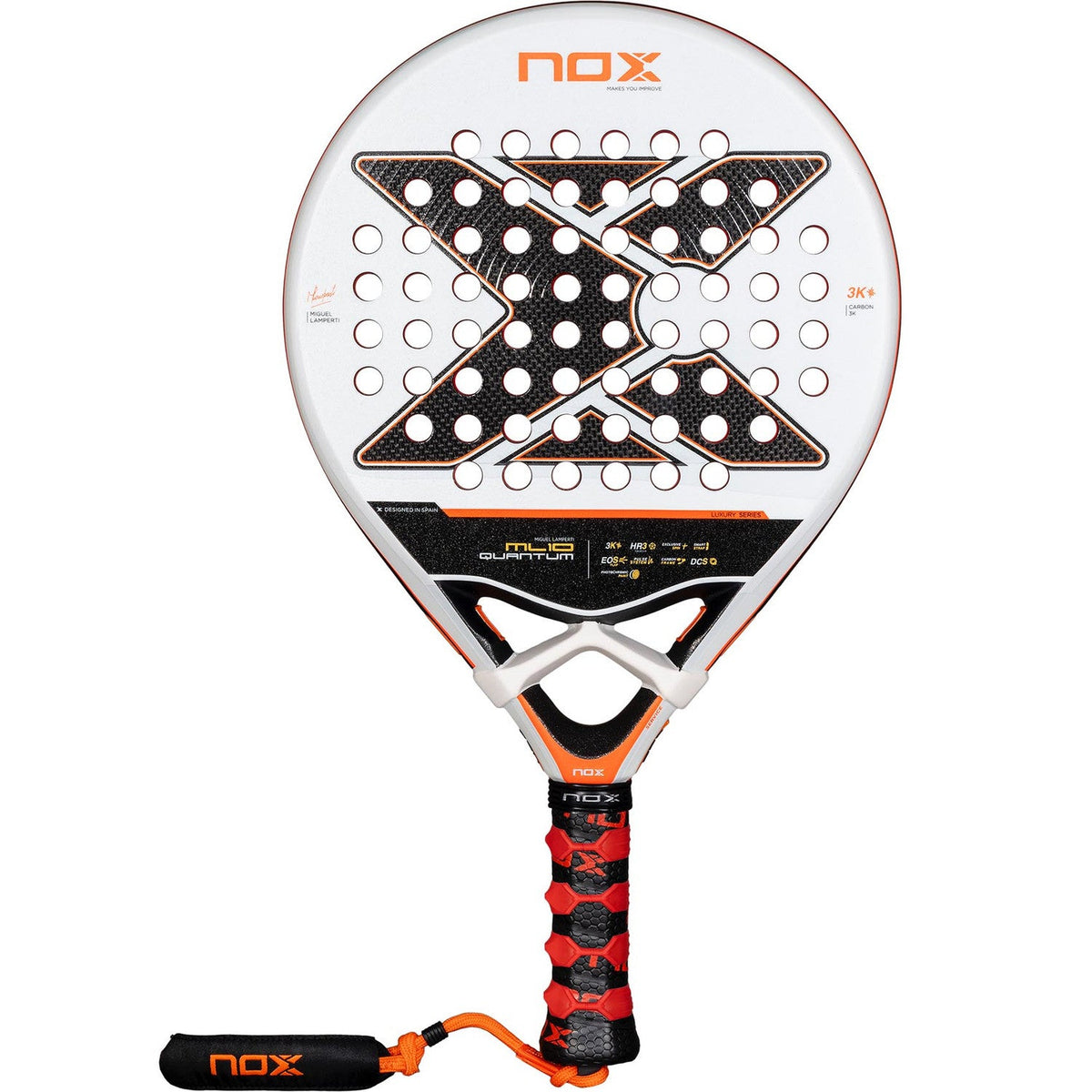 NOX ML10 Quantum 3K padelracket in wit met zwart X-motief en oranje logo, vooraanzicht