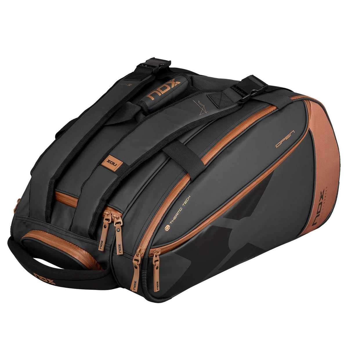 Andere zijde van de zwarte Nox Luxury met bruine ritsen en donker camoumotief