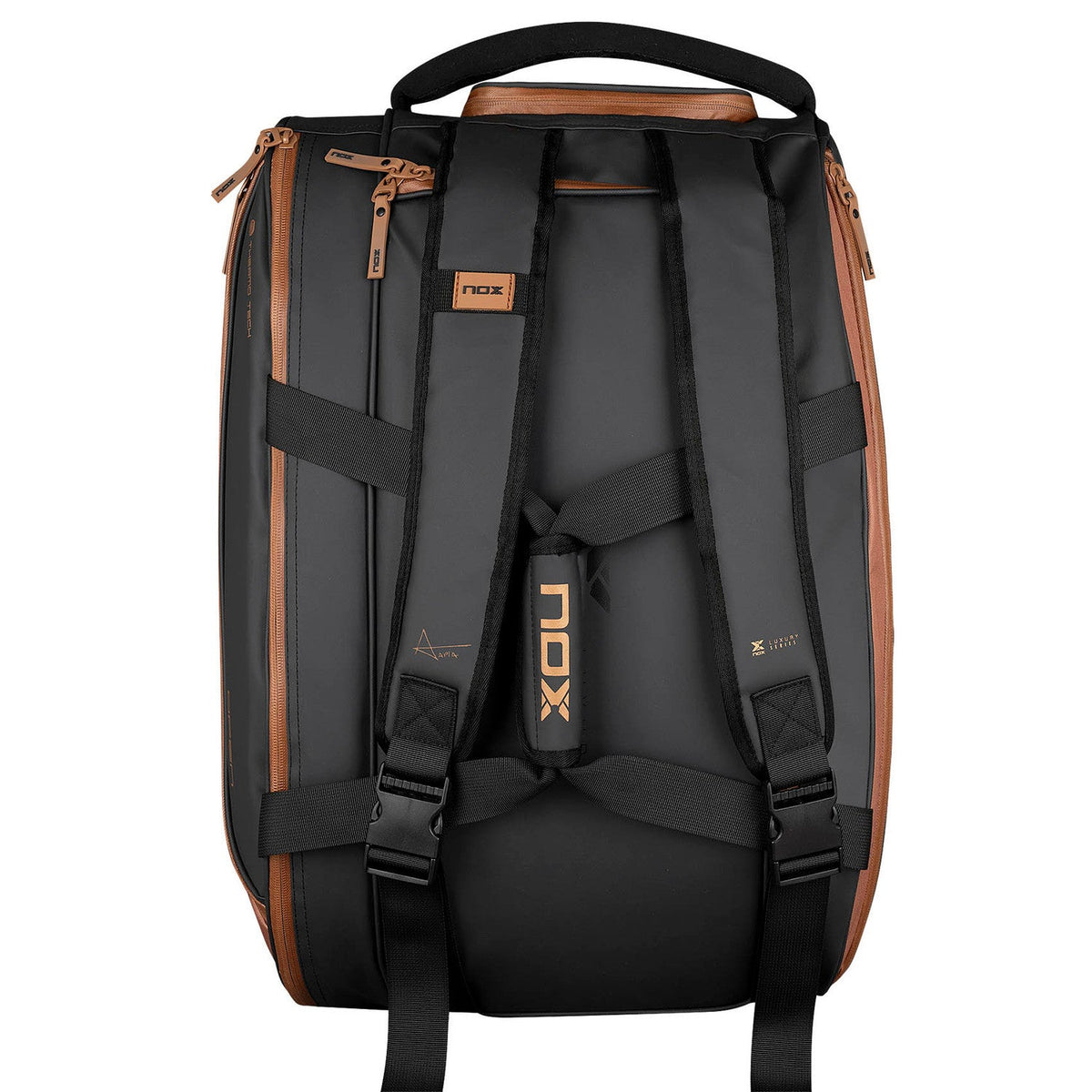 Achterzijde van de zwart-bruine Nox Luxury racketbag met verstelbare rugbanden