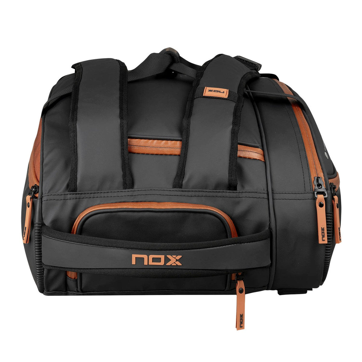 Bovenaanzicht van de zwart-bruine Nox Luxury racketbag met bruine rits en draagbanden