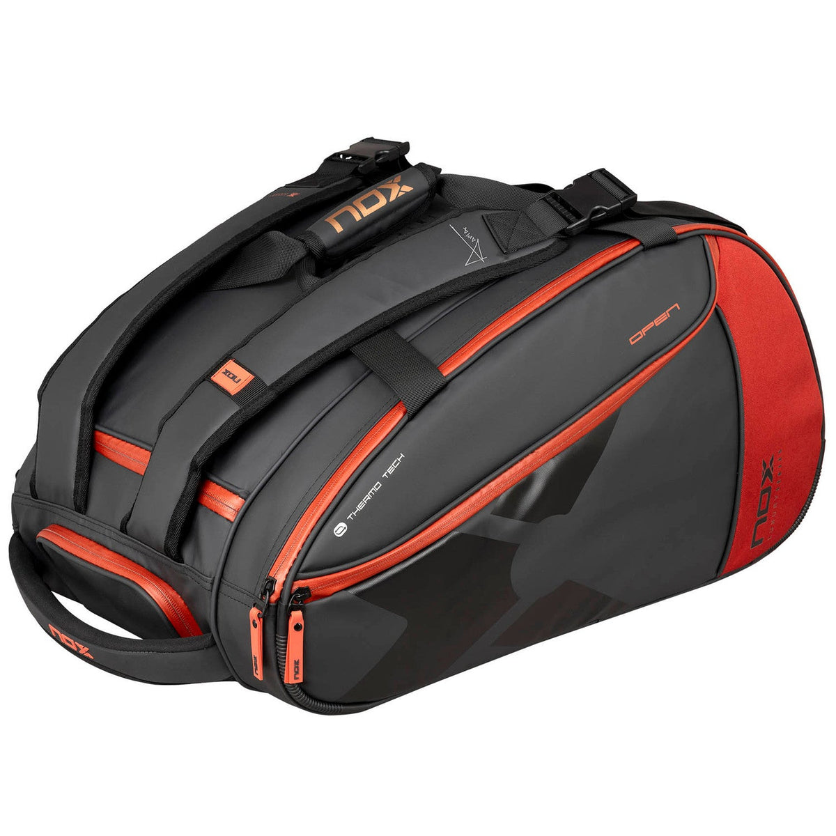 Andere zijde van de zwarte Nox Luxury Open Series met rode biezen en grijs camoumotief