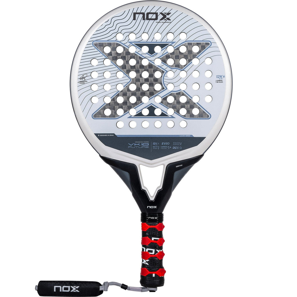 NOX Vk10 padelracket in wit met grijs X-motief en rode grip, vooraanzicht