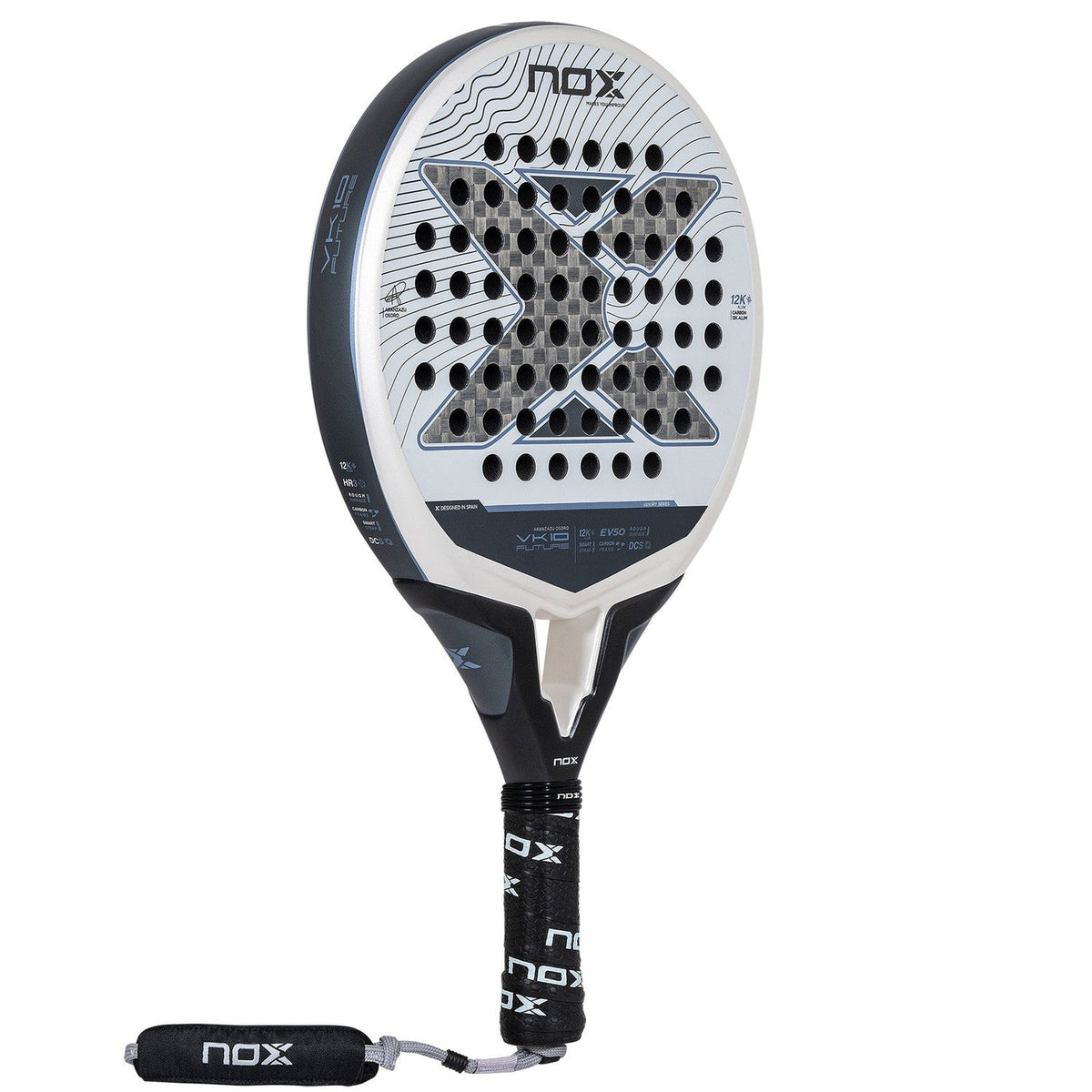 NOX Vk10 padelracket schuin vooraanzicht in de uitvoering met witte nox-grip
