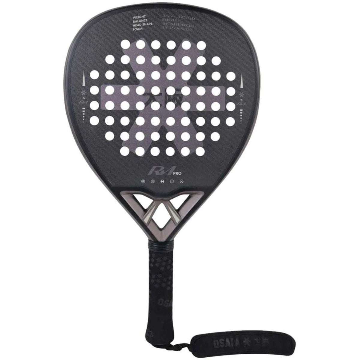 Osaka Pro Power Raul Marcos padelracket in mat zwart met witte noppen, vooraanzicht