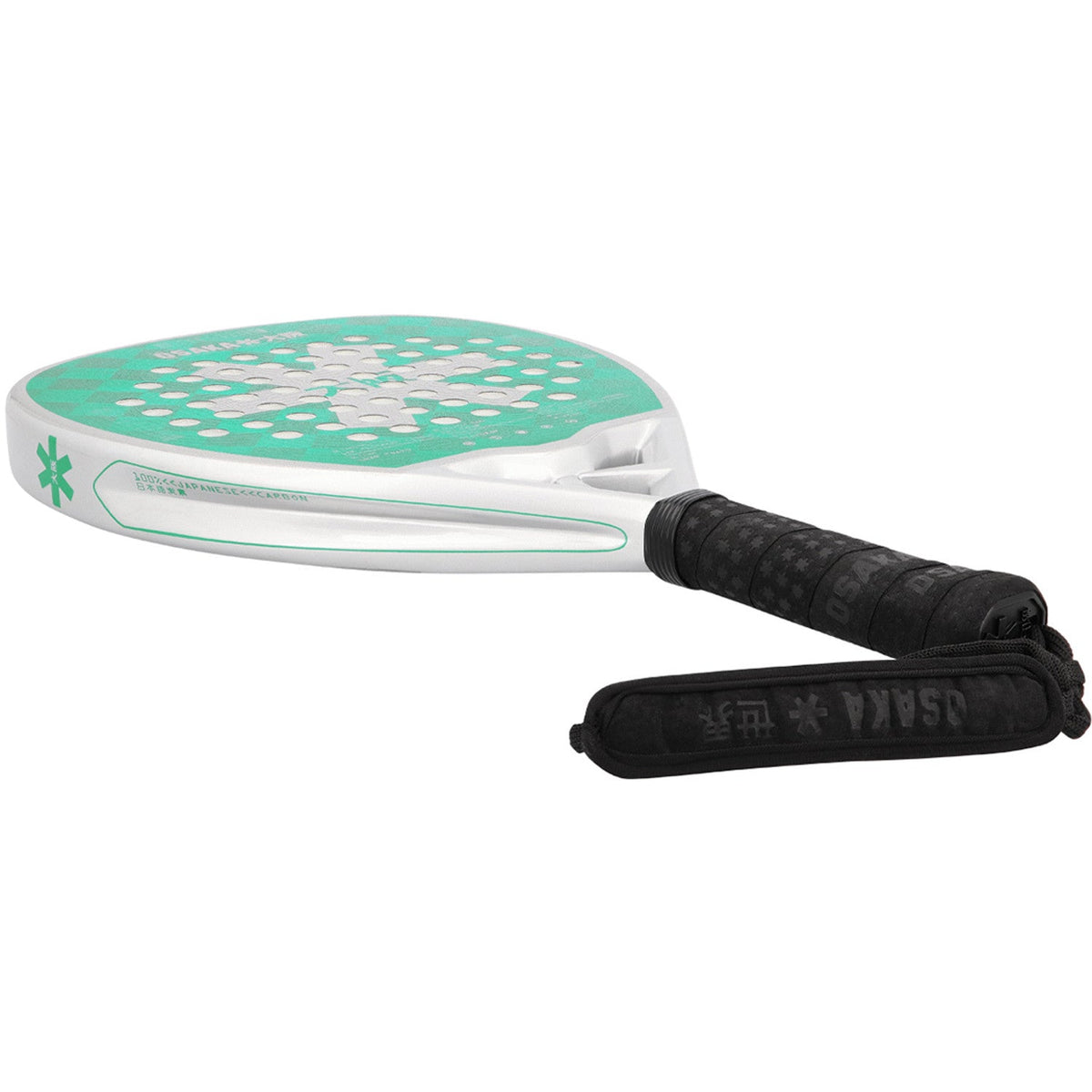 Osaka Pro Tour Power Aquatic Awe liggend met zwarte grip en polsband, schuin aanzicht