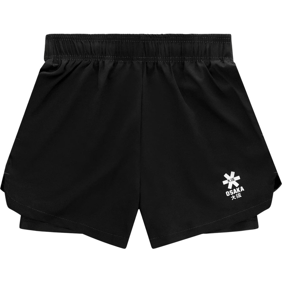 Vooraanzicht van de zwarte Osaka Shorts met binnenbroek en wit sterlogo op de pijp
