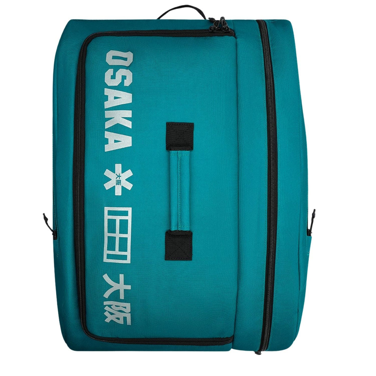 Rechtopstaande turquoise Osaka Sports padelbag met witte opdruk en Japanse tekens
