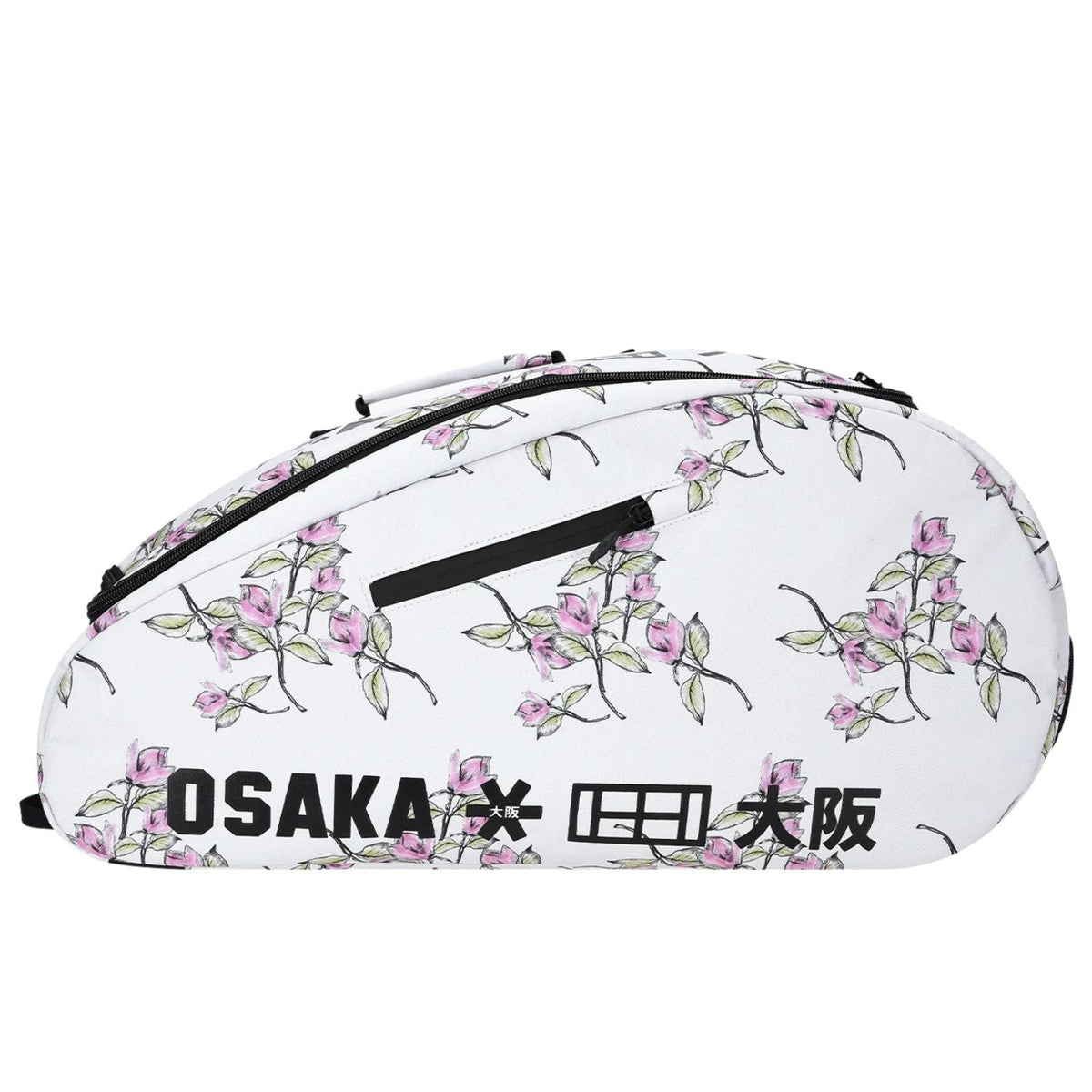 Zijaanzicht van de witte Osaka Sports padeltas met roze bloesemprint en zwarte rits